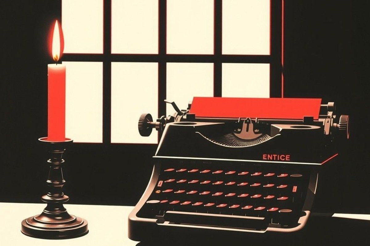 Serigrafía a dos tintas: una vela encendida junto a una máquina de escribir antigua sobre un escritorio, en negro y rojo