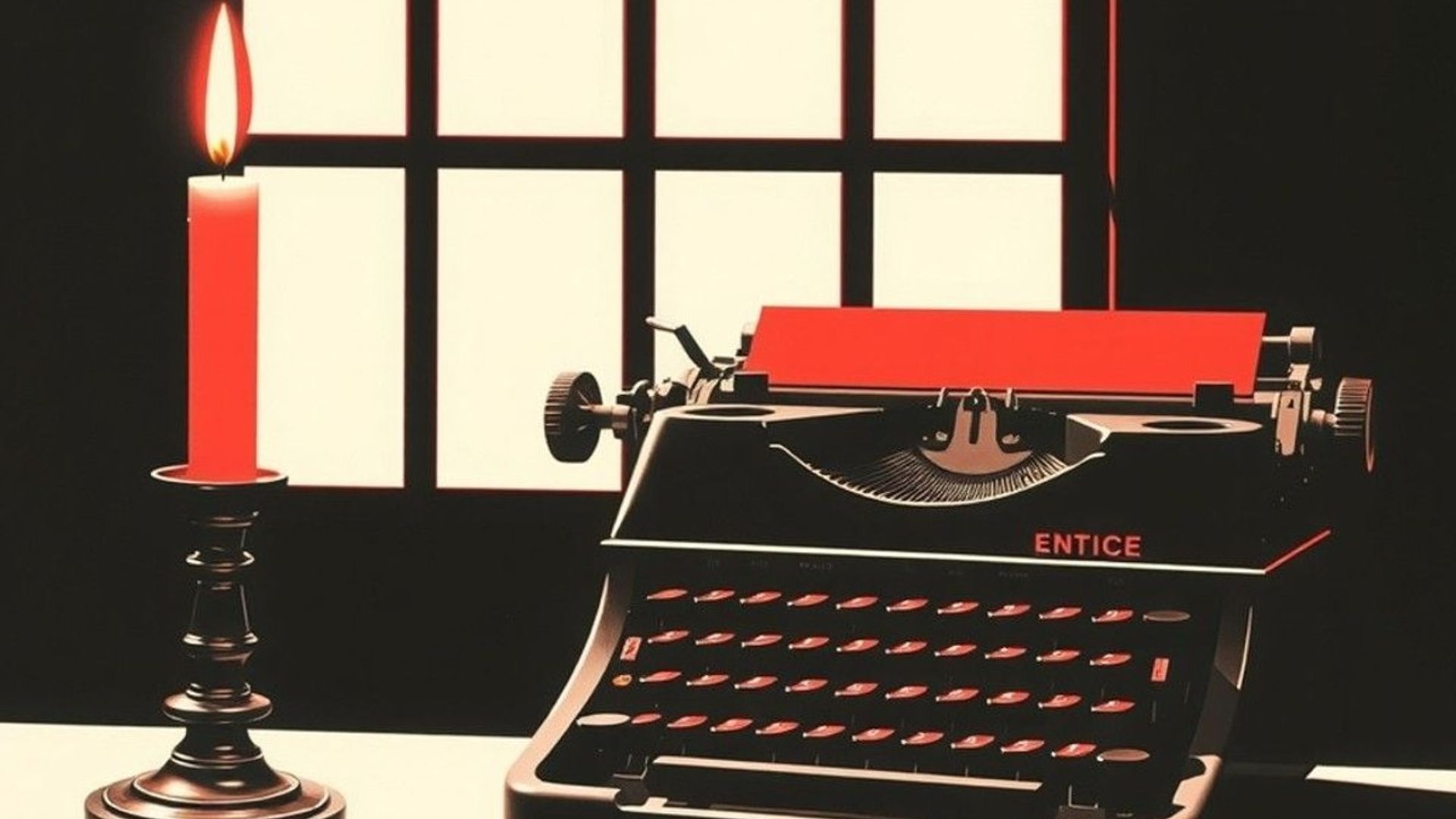 Serigrafía a dos tintas: una vela encendida junto a una máquina de escribir antigua sobre un escritorio, en negro y rojo
