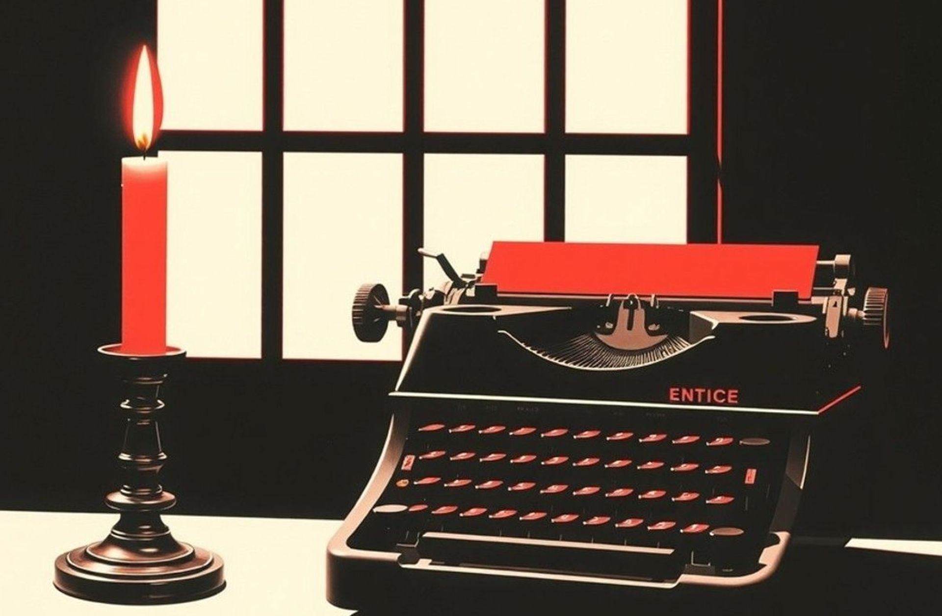 Serigrafía a dos tintas: una vela encendida junto a una máquina de escribir antigua sobre un escritorio, en negro y rojo