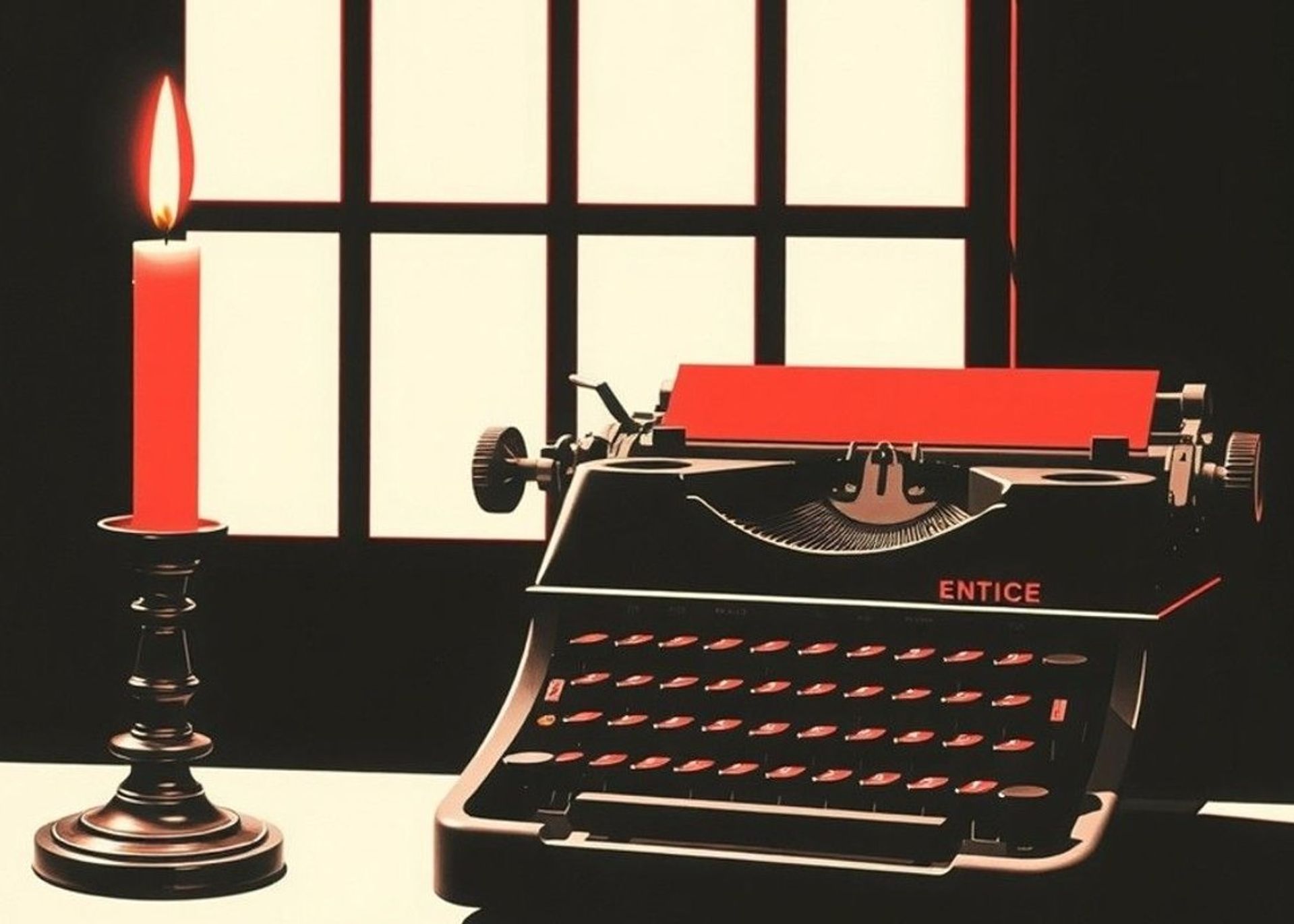 Serigrafía a dos tintas: una vela encendida junto a una máquina de escribir antigua sobre un escritorio, en negro y rojo