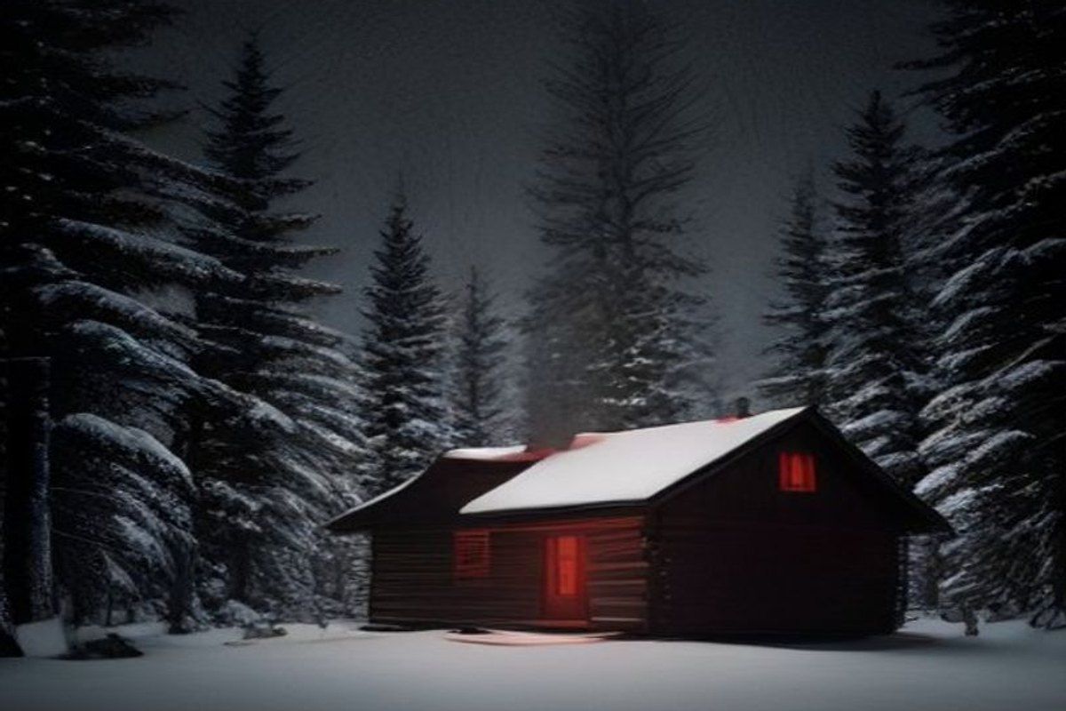 Cabaña aislada en un bosque de Maine con un resplandor rojo alienígena en el cielo nocturno