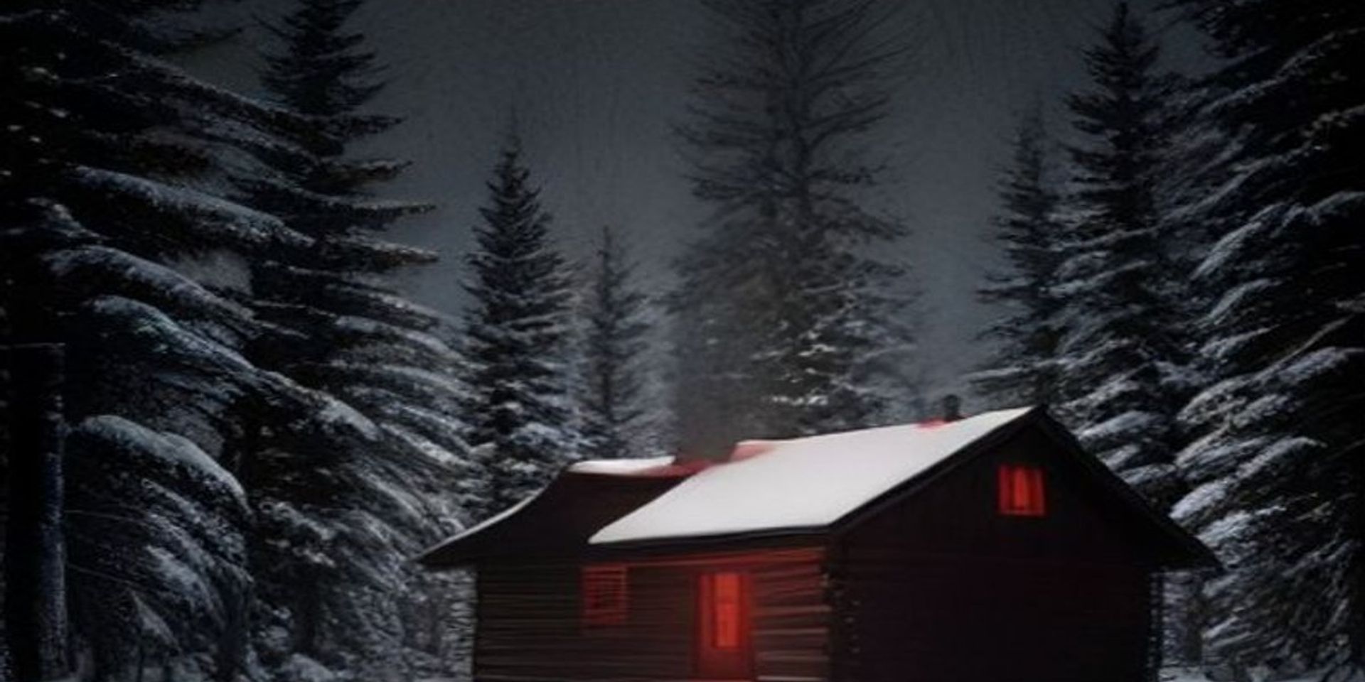 Cabaña aislada en un bosque de Maine con un resplandor rojo alienígena en el cielo nocturno