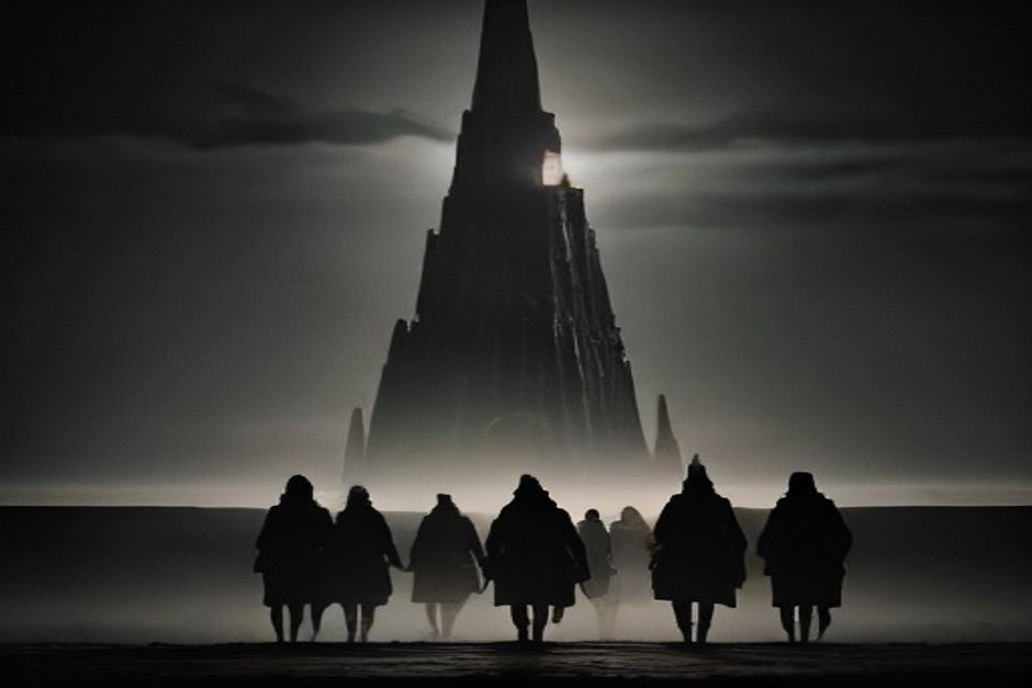 Cinco viajeros caminando en fila por una llanura vacía hacia una torre oscura lejana al atardecer