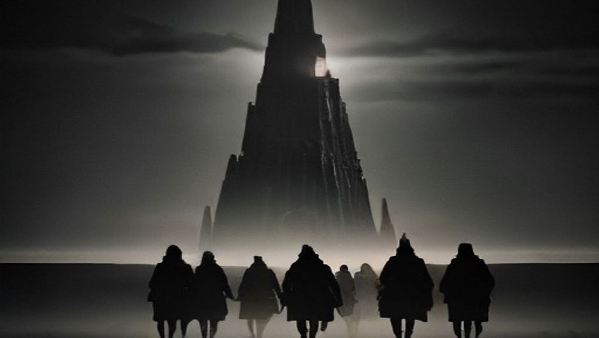 Cinco viajeros caminando en fila por una llanura vacía hacia una torre oscura lejana al atardecer