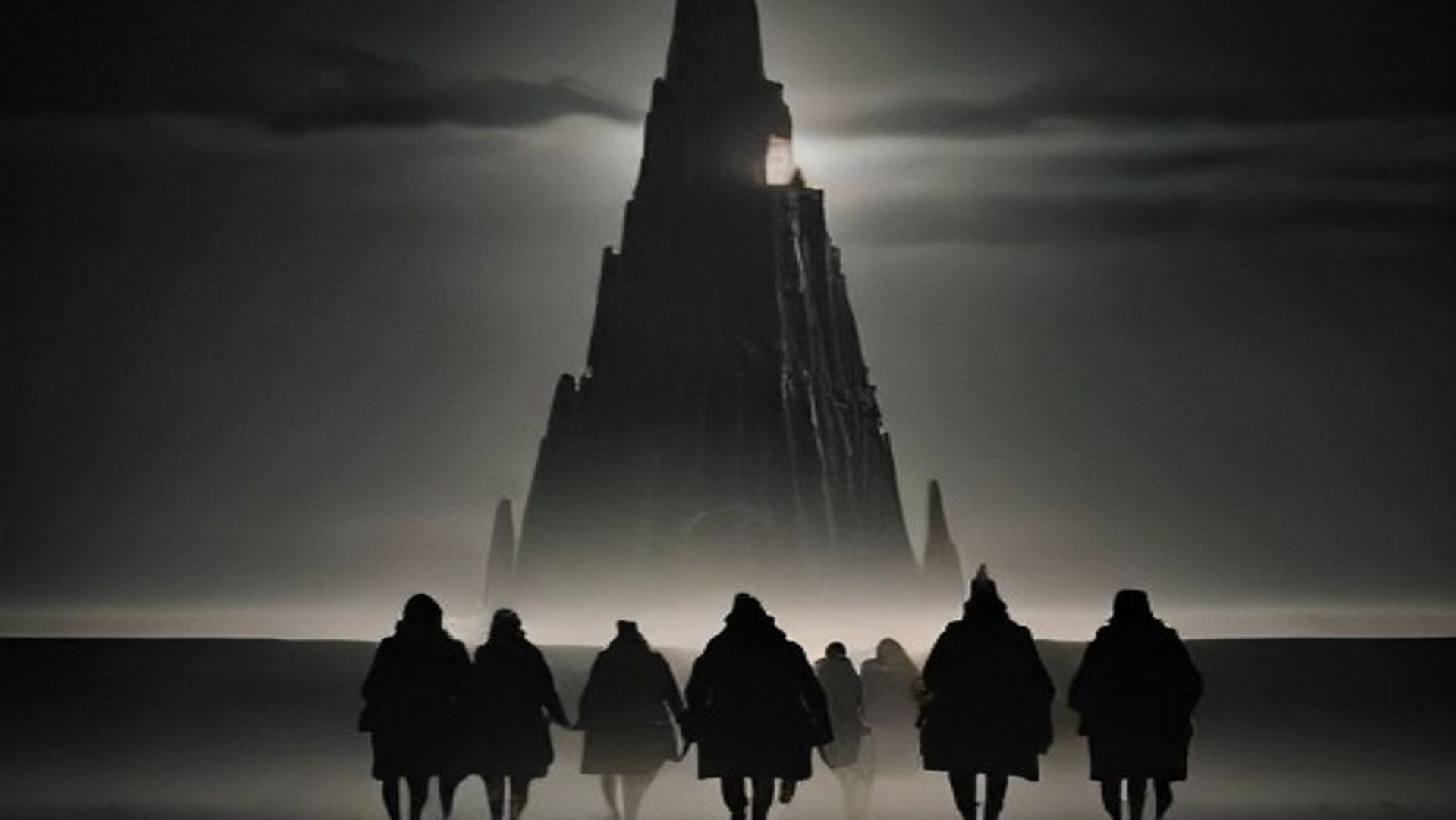 Cinco viajeros caminando en fila por una llanura vacía hacia una torre oscura lejana al atardecer