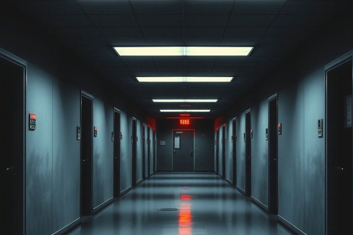 Pasillo oscuro de una institución con puertas numeradas y una luz roja de emergencia al fondo