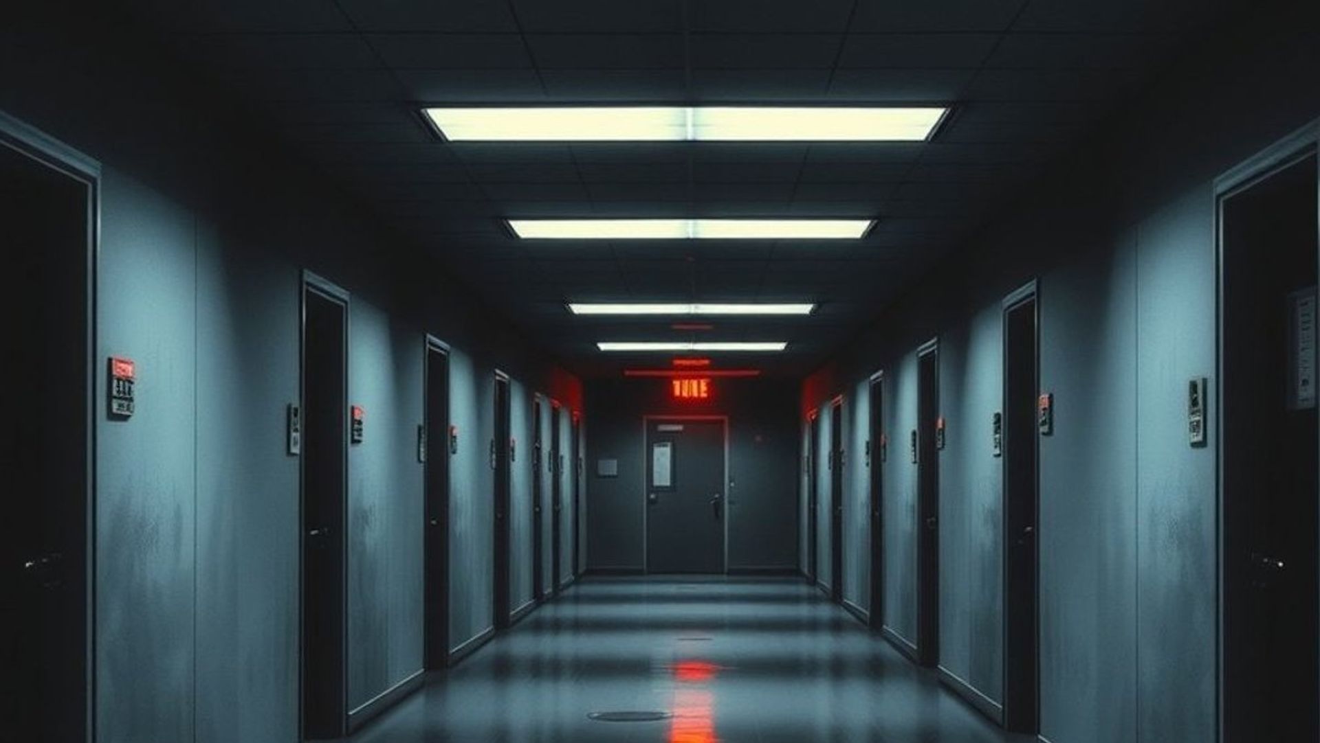 Pasillo oscuro de una institución con puertas numeradas y una luz roja de emergencia al fondo