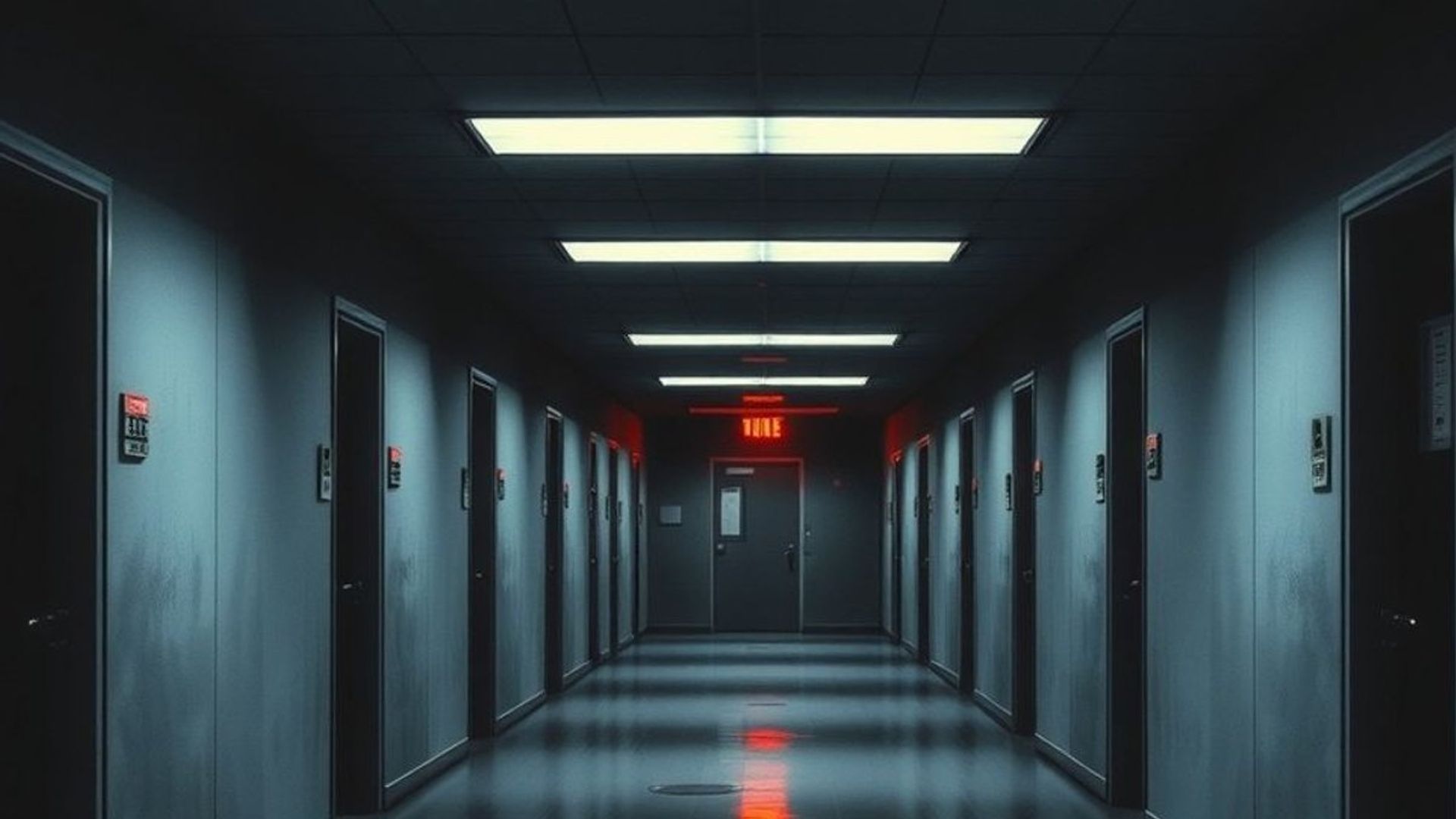 Pasillo oscuro de una institución con puertas numeradas y una luz roja de emergencia al fondo