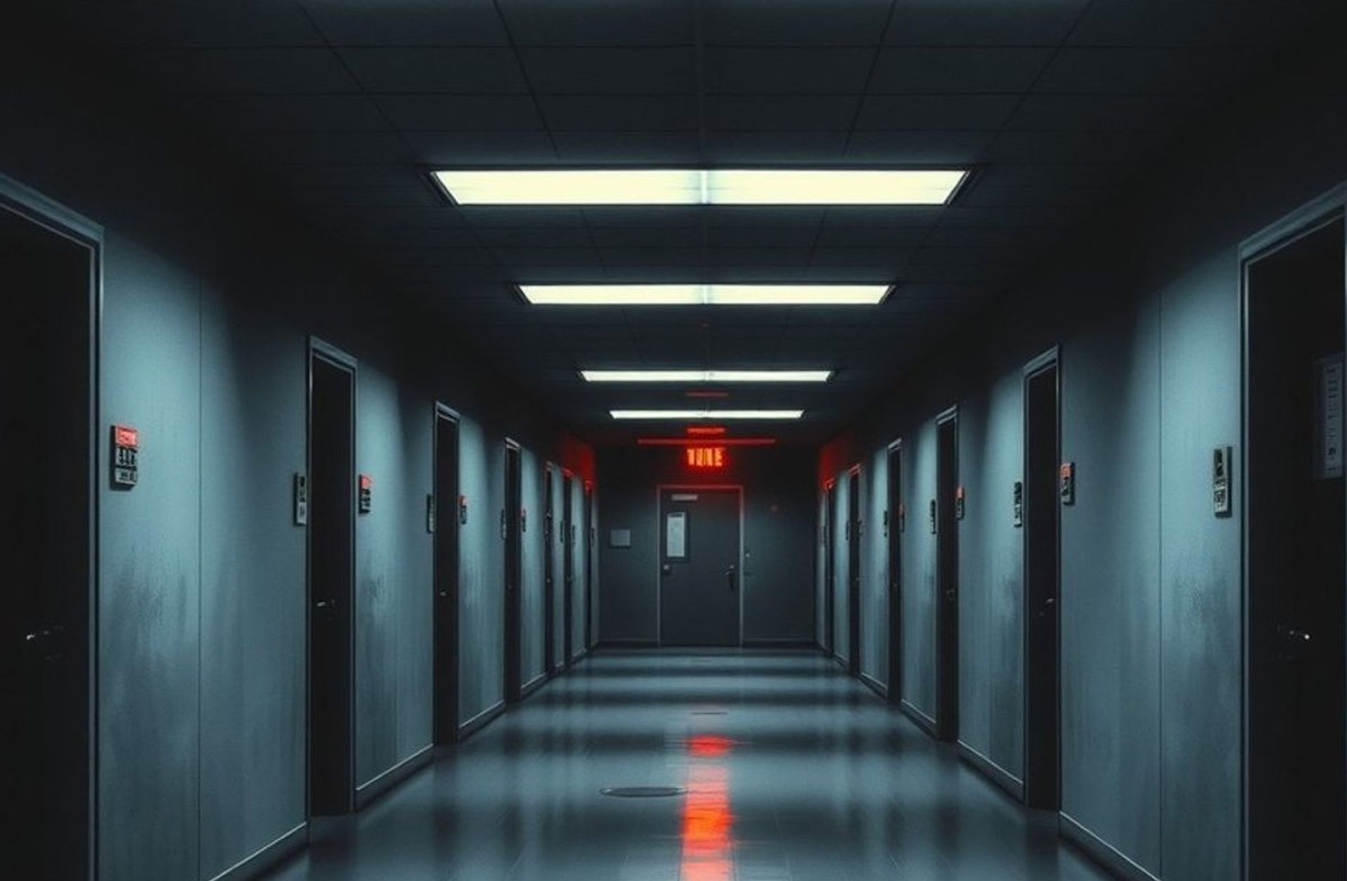 Pasillo oscuro de una institución con puertas numeradas y una luz roja de emergencia al fondo