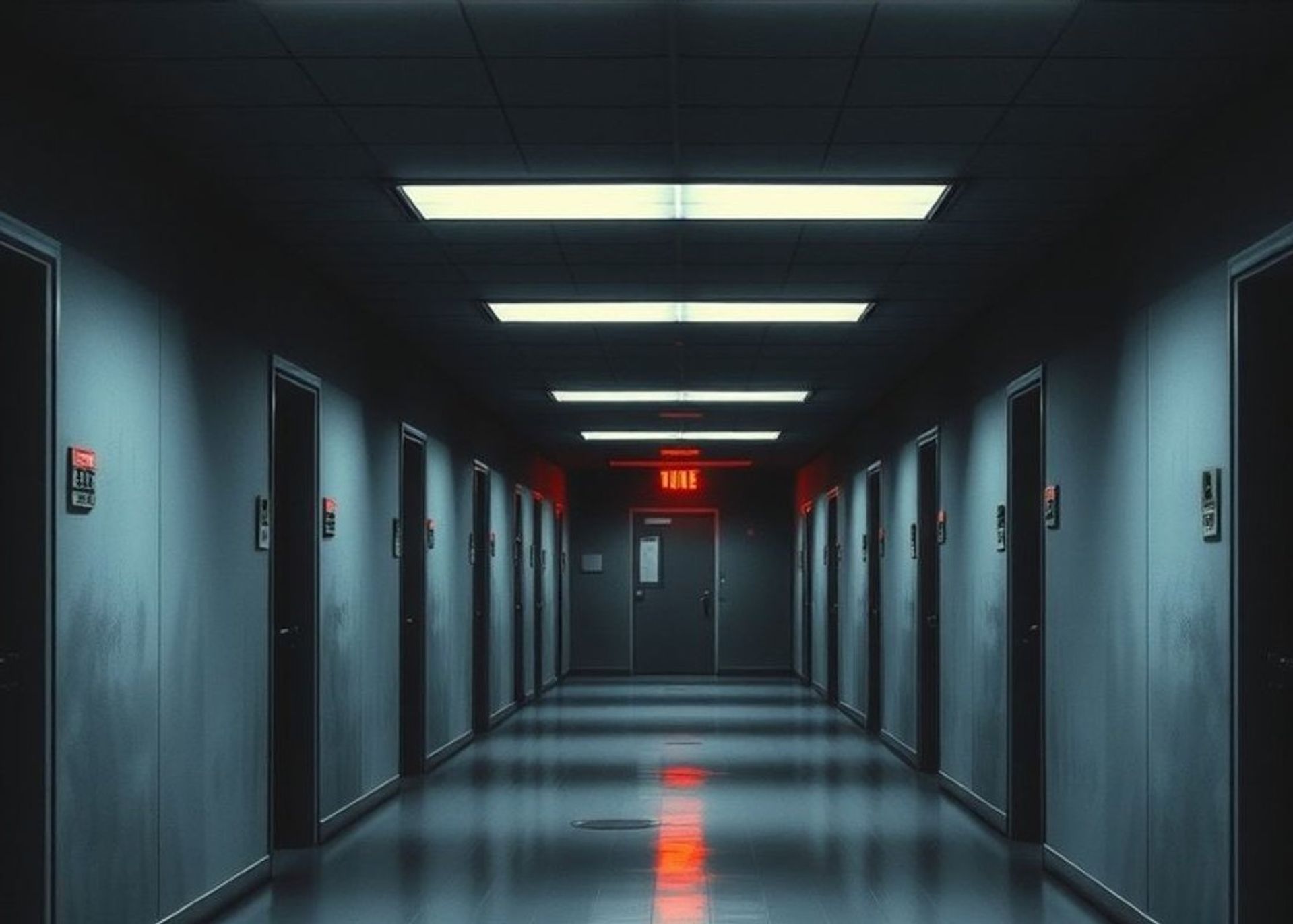 Pasillo oscuro de una institución con puertas numeradas y una luz roja de emergencia al fondo