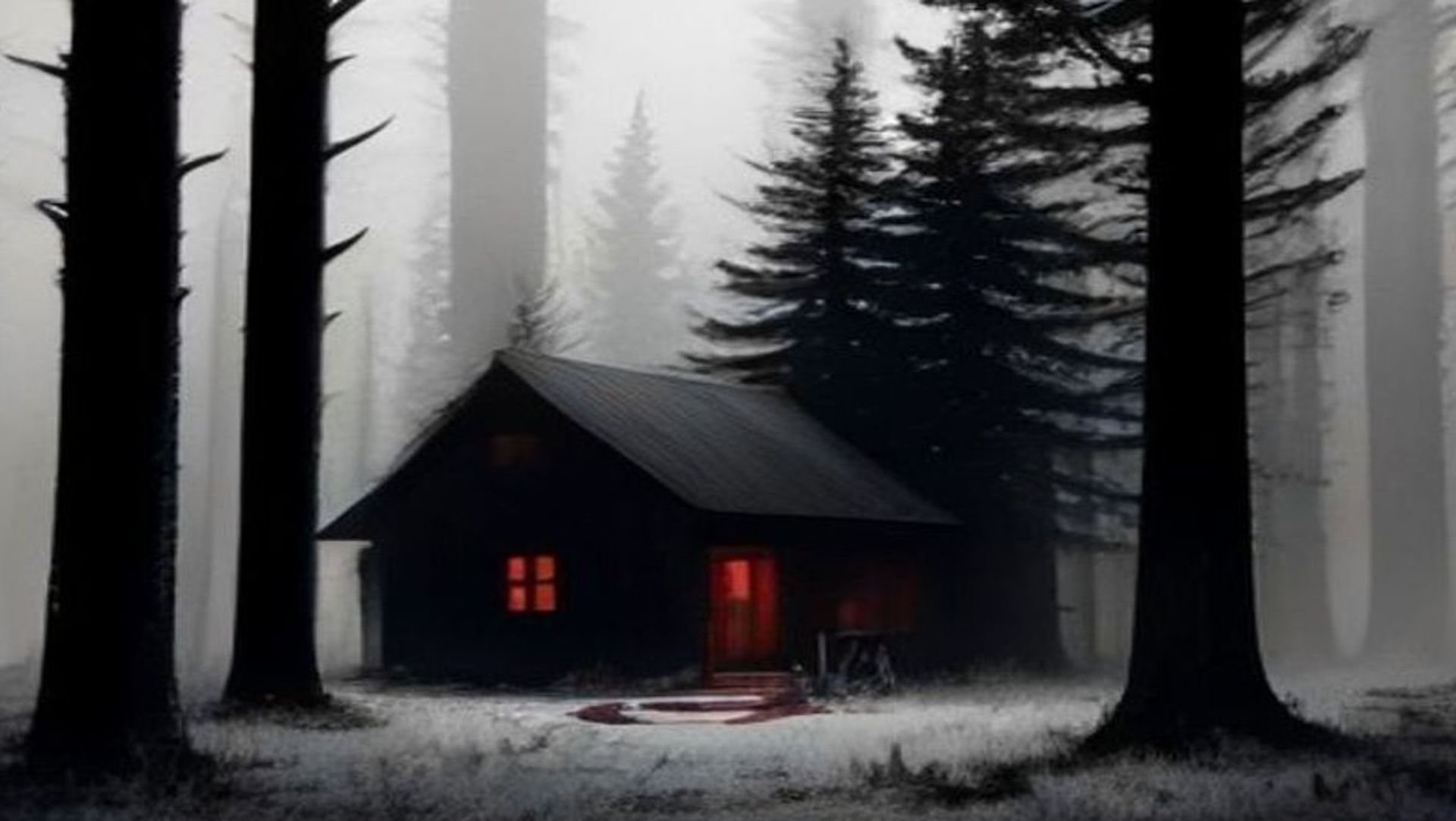 Escena de crimen nocturna en un bosque, con cinta policial rodeando una cabaña vieja y un haz de linterna cortando la niebla