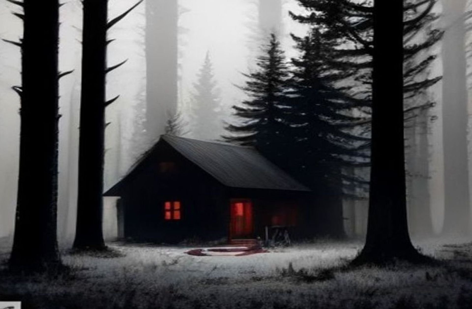 Escena de crimen nocturna en un bosque, con cinta policial rodeando una cabaña vieja y un haz de linterna cortando la niebla