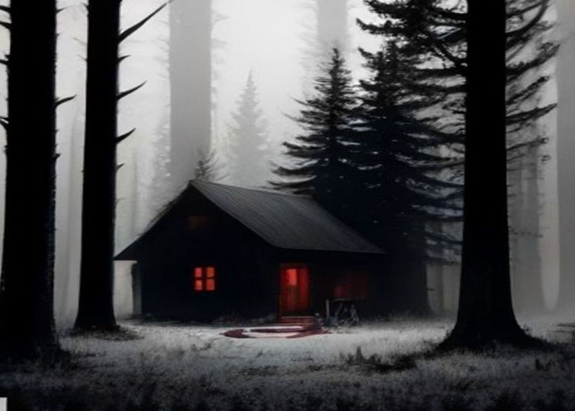 Escena de crimen nocturna en un bosque, con cinta policial rodeando una cabaña vieja y un haz de linterna cortando la niebla