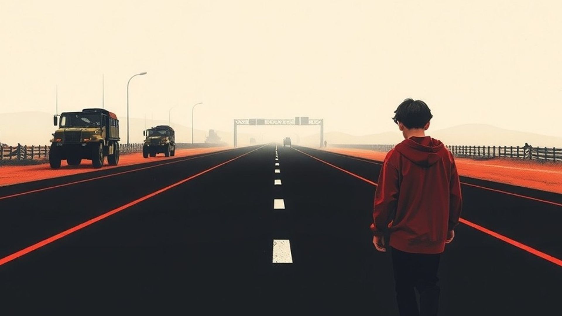 Carretera vacía que se pierde en la niebla con adolescentes caminando agotados, atmósfera distópica