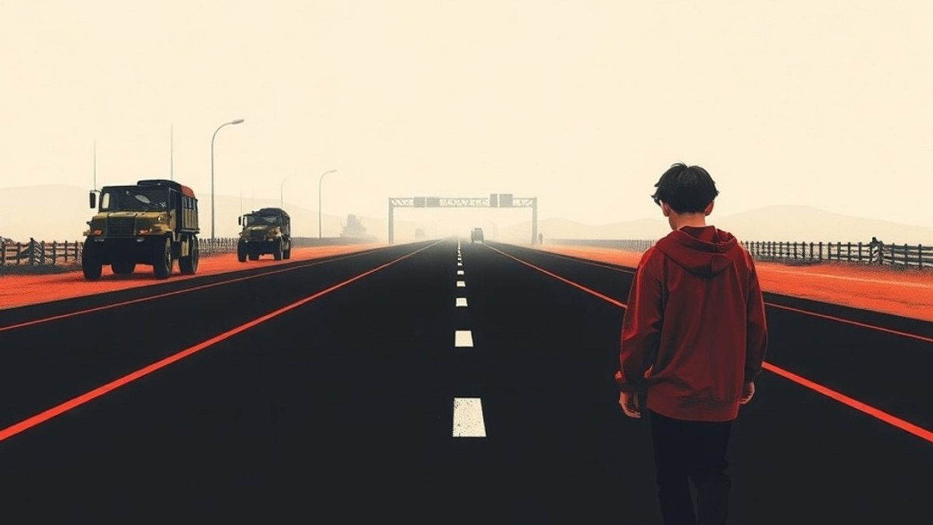 Carretera vacía que se pierde en la niebla con adolescentes caminando agotados, atmósfera distópica
