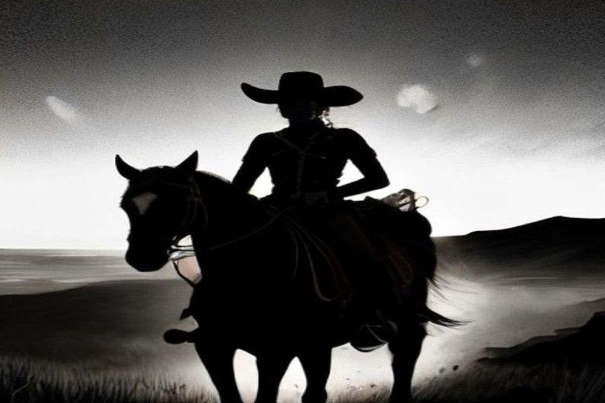 Silueta de un pistolero a caballo al atardecer, con torres de petróleo ardiendo al fondo y una esfera de cristal brillando sobre la loma