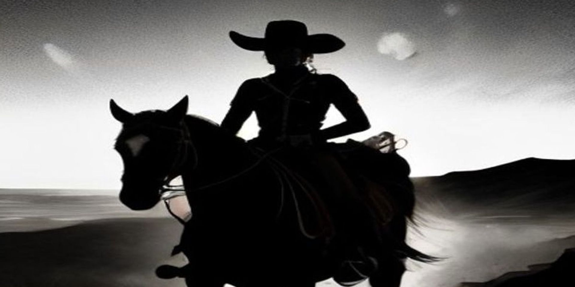 Silueta de un pistolero a caballo al atardecer, con torres de petróleo ardiendo al fondo y una esfera de cristal brillando sobre la loma