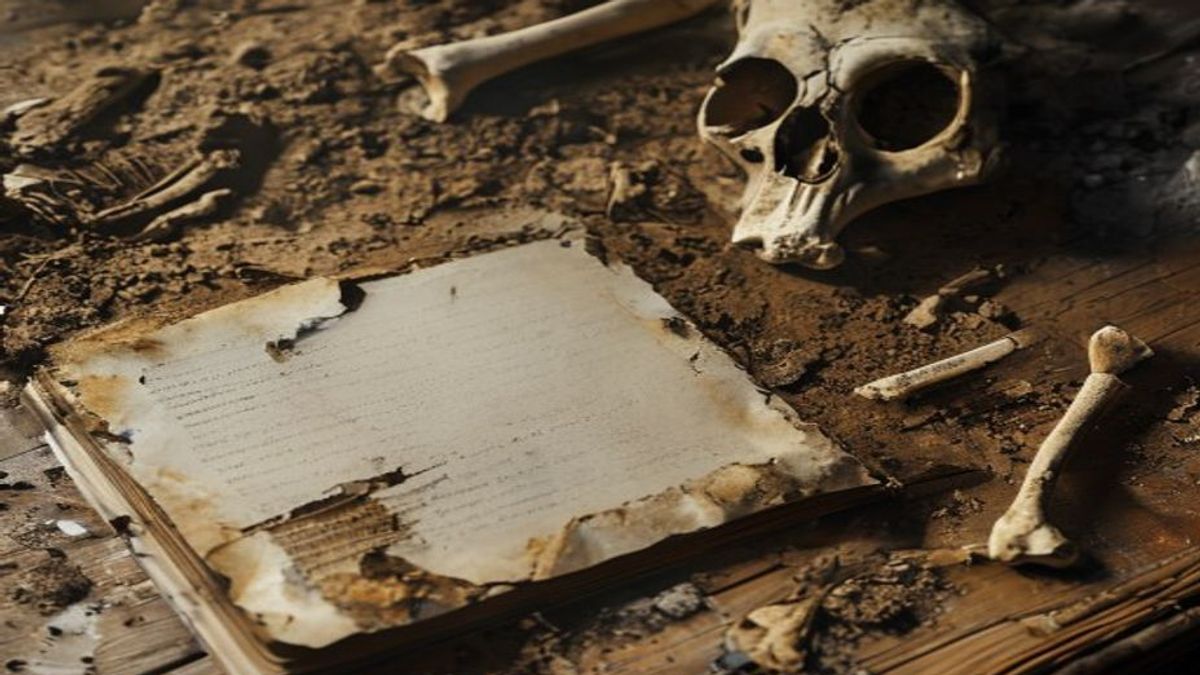 Manuscrito inconcluso sobre un escritorio de madera junto a huesos fósiles a medio desenterrar