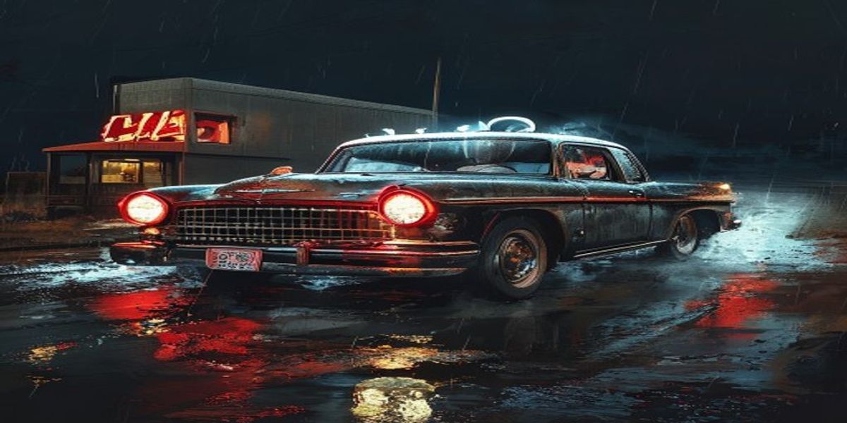 Un coche antiguo con faros rojos amenazantes, solo en una carretera mojada de noche: la tecnología cotidiana vuelta hostil