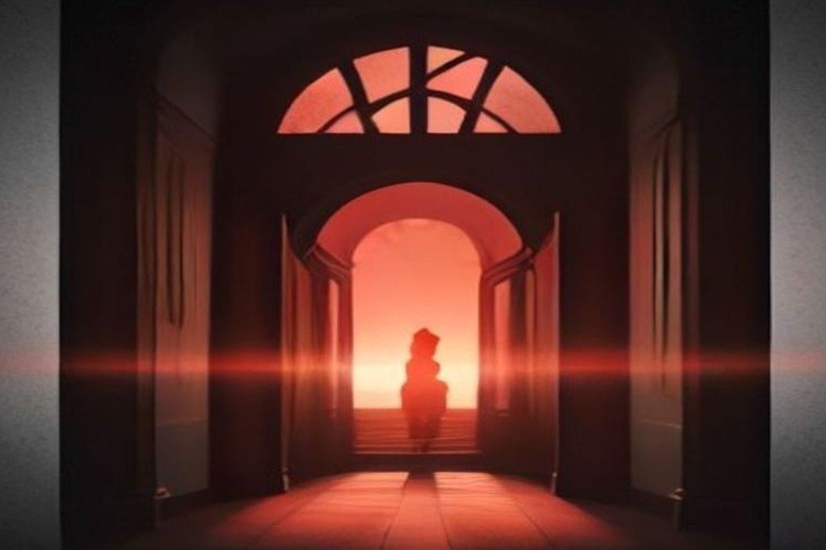Portal brillante con luz carmesí al final de un corredor oscuro, silueta de una torre al fondo
