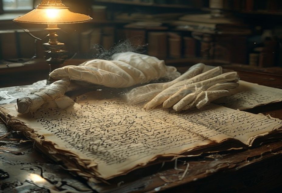 Páginas mecanografiadas de un manuscrito con correcciones a mano sobre una mesa de archivo, junto a guantes de algodón