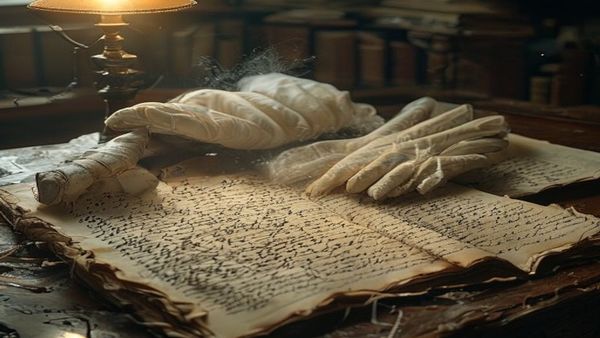 Páginas mecanografiadas de un manuscrito con correcciones a mano sobre una mesa de archivo, junto a guantes de algodón