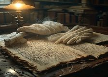 Páginas mecanografiadas de un manuscrito con correcciones a mano sobre una mesa de archivo, junto a guantes de algodón