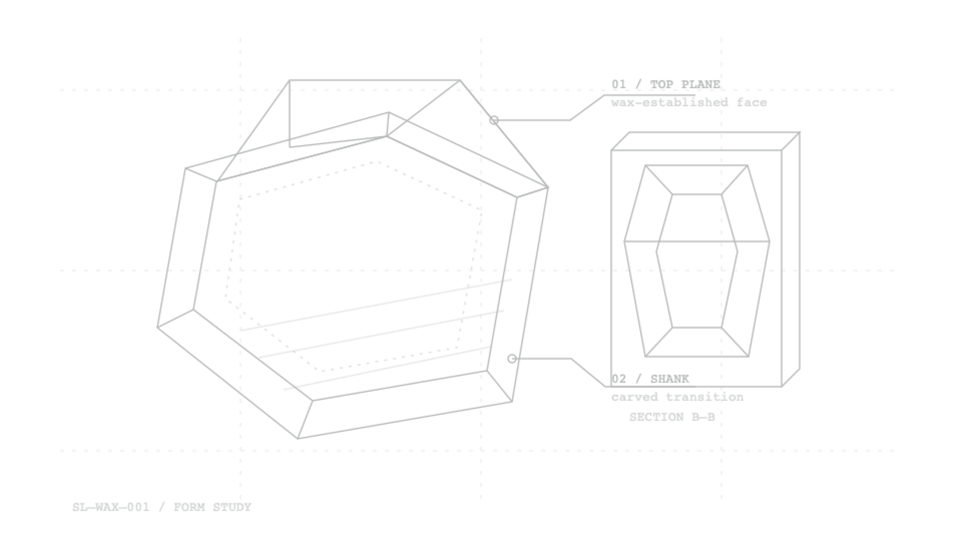Schematic blueprint of a heavy wax-carved signet ring in multiple construction views
