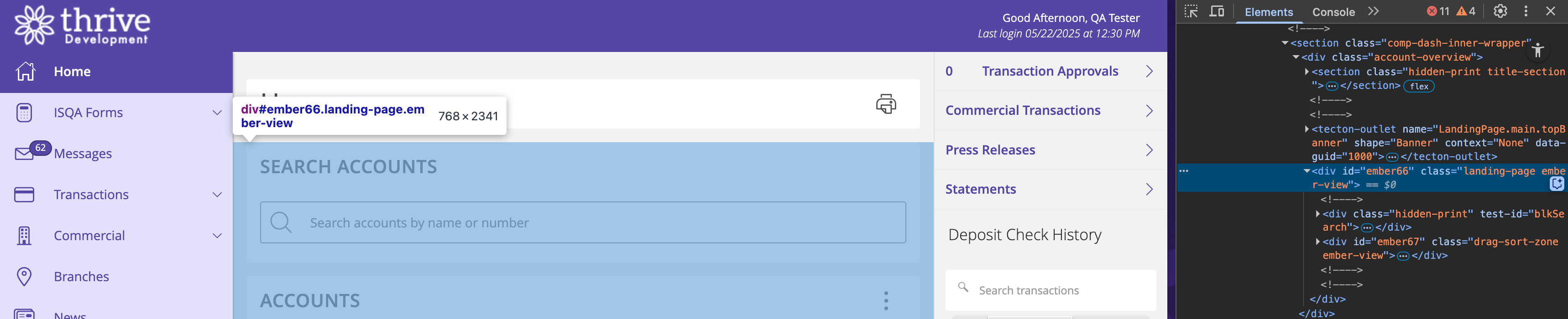 Landing page in online banking. The image depicts a max content viewport width of 768px.