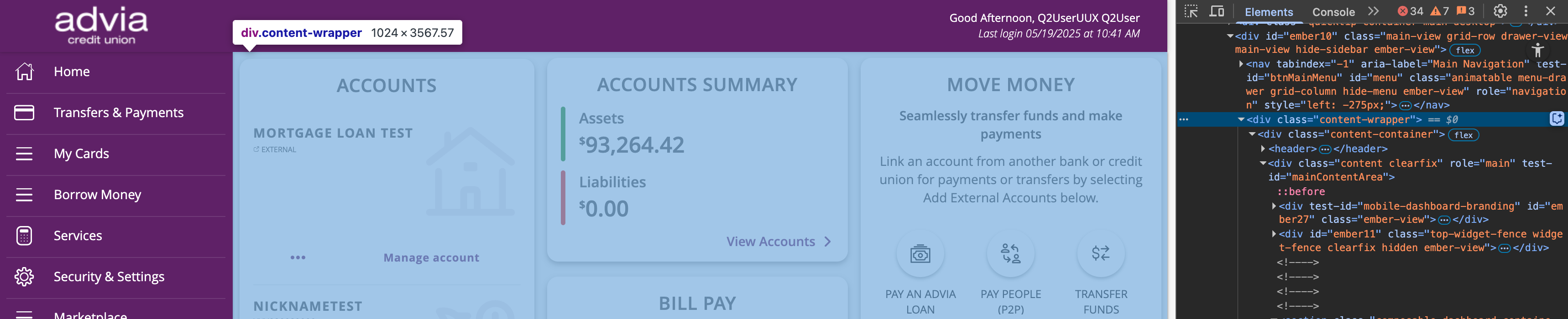 Composable Dashboard page in online banking. The image depicts a max content viewport width of 1024px.