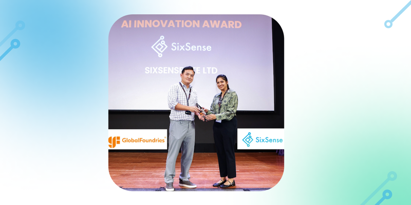 Founder of SixSense receiving the 2025 GlobalFoundries AI Innovation Award, recognizing the impact of SixSense AI-ADC in live production, reducing manual inspection by over 90%, and enabling AI deployment at scale across multiple fabs and tool platforms.