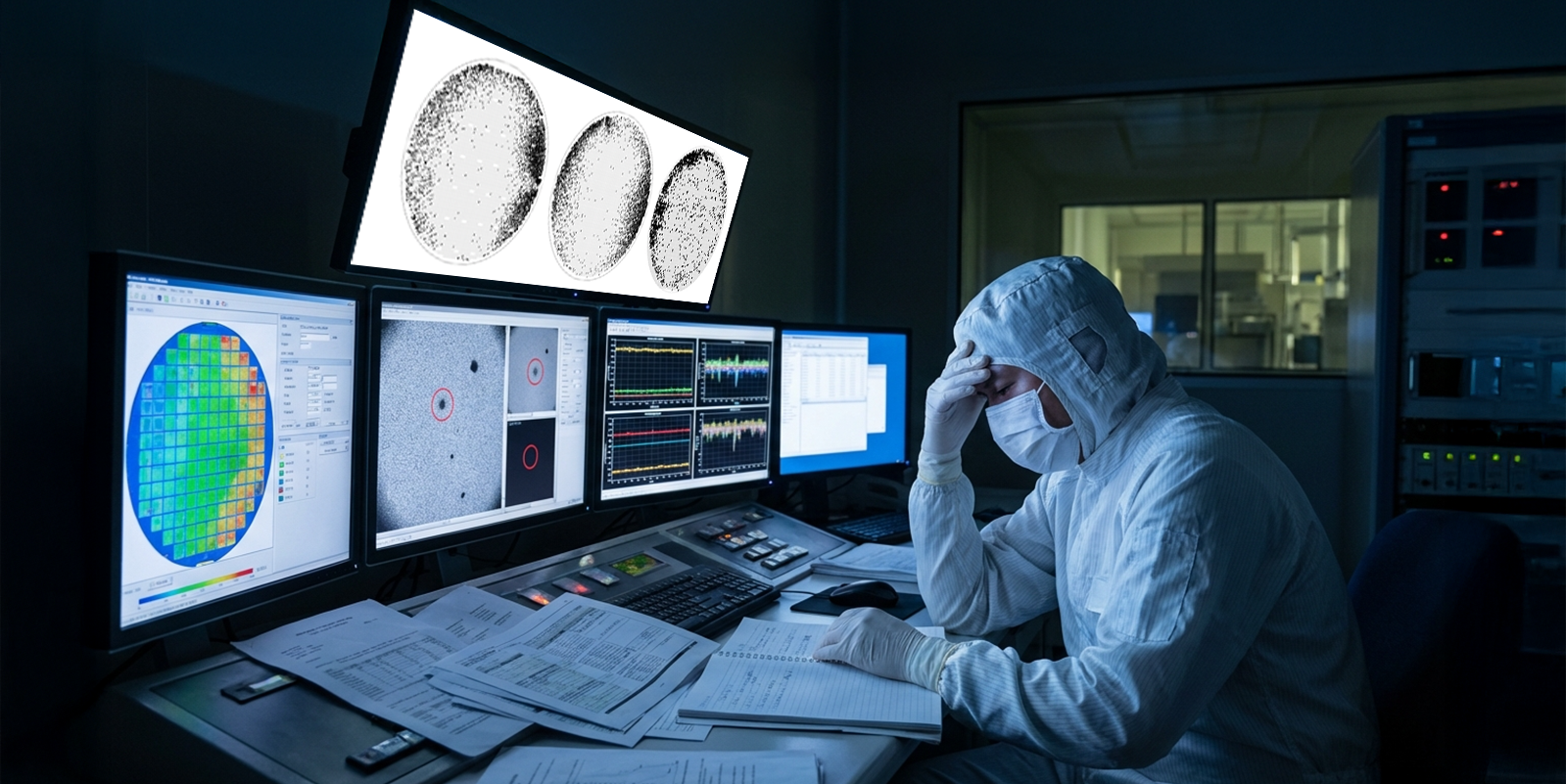 Fab engineer analyzing wafer maps, defect inspection images, and process data dashboards during root cause analysis of a yield issue in advanced semiconductor manufacturing facility.