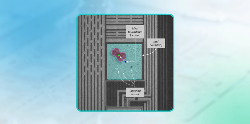 Annotated microscope image of a die pad showing the probe mark, ideal touchdown location, pad boundary, and areas ignored as visual noise.