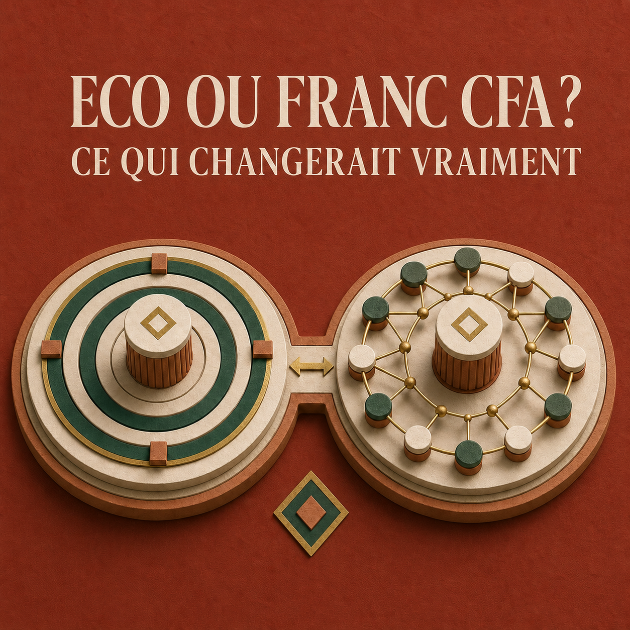 Deux mécanismes monétaires équilibrés comparent le franc CFA et le projet Eco sur un fond rouge Werseg.