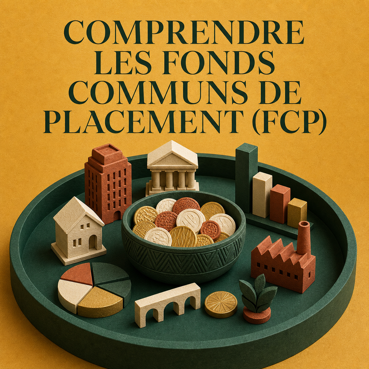 Titre « Comprendre les fonds communs de placement (FCP) » au-dessus d’un panier vert réunissant plusieurs entreprises, actifs et pièces.