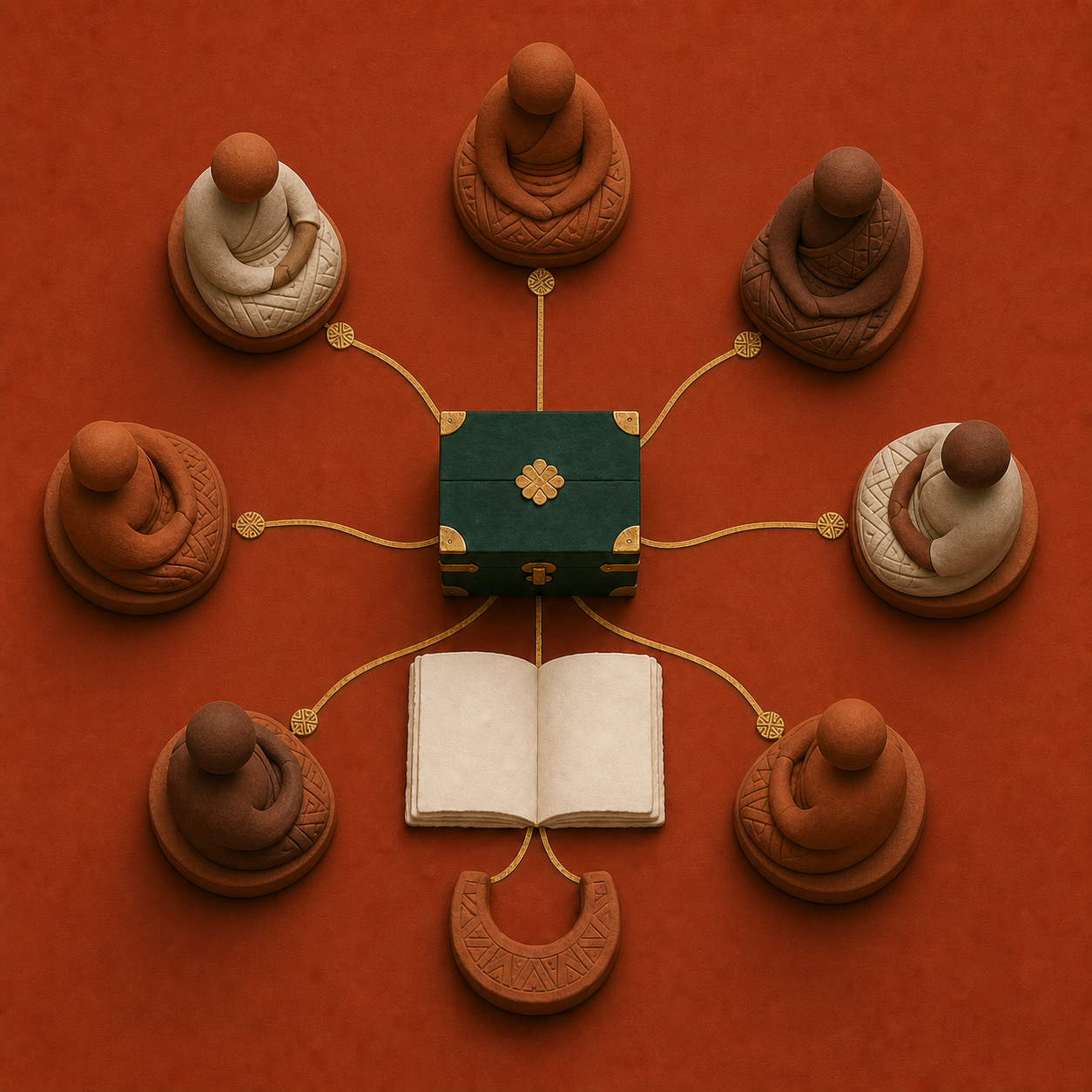 Un cercle de huit sièges reliés autour d’un coffre commun, avec un carnet ouvert qui conserve les règles de la tontine.