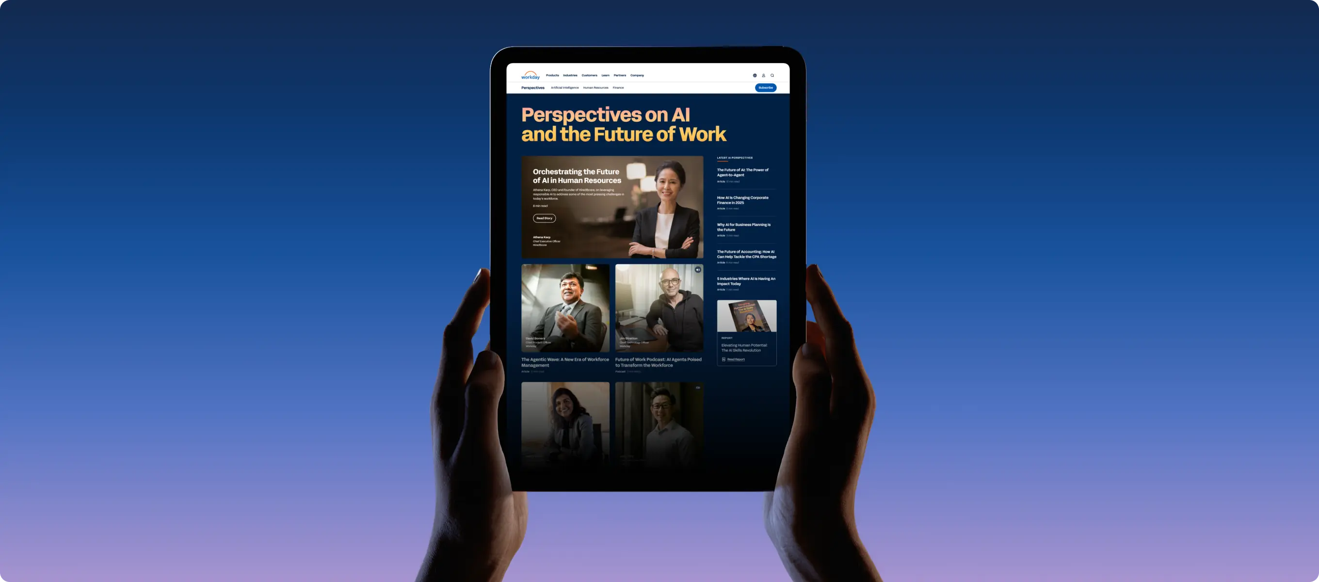 A pair of hands holds up an iPad with the Workday Perspectives site open