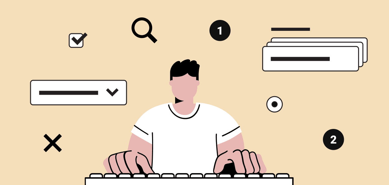 Illustration of a person typing on a keyboard surrounded by interface icons like checkmarks, drop downs, tabs, and search symbols on a beige background.