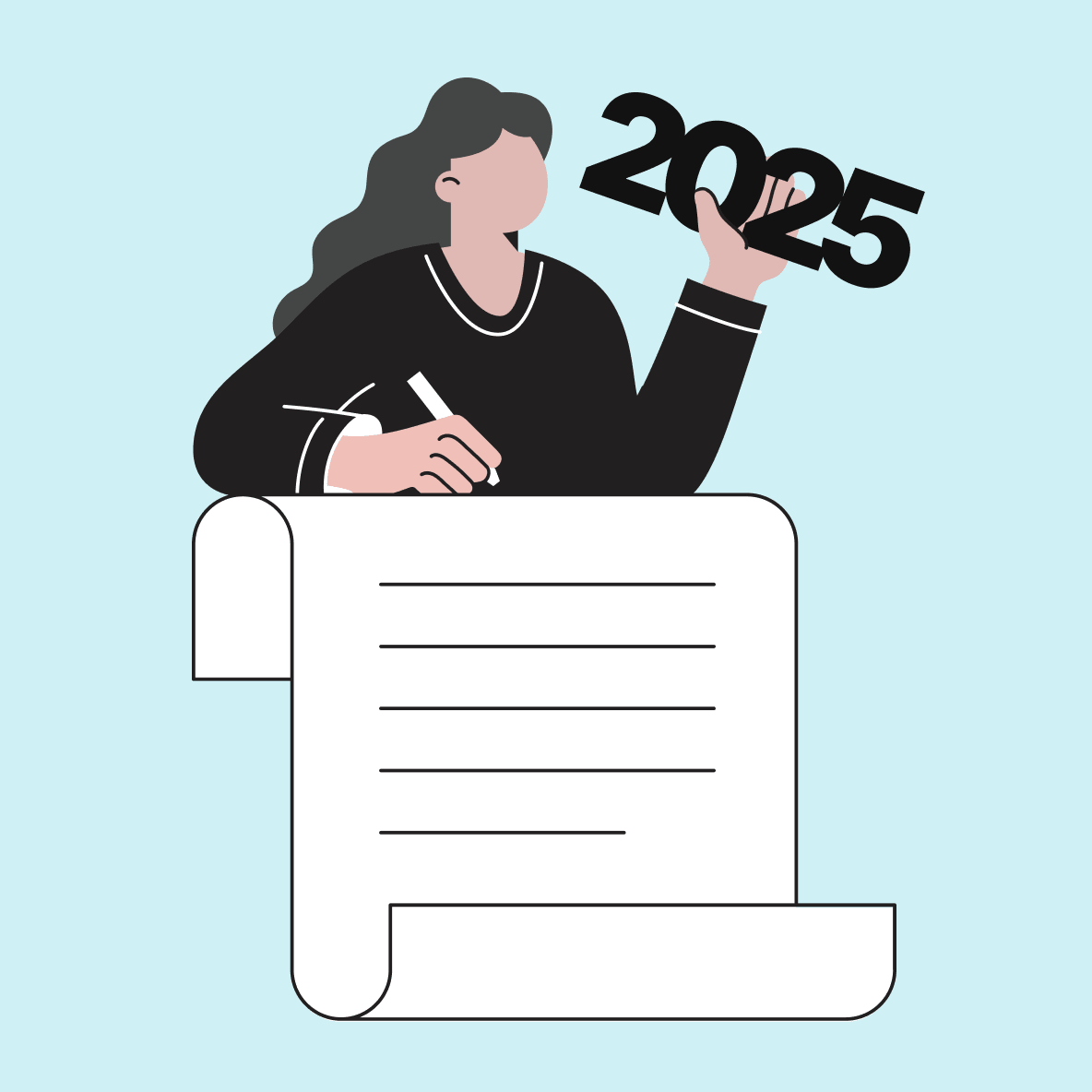 Illustration of a person writing on a document, holding the year “2025,” representing planning for the year.