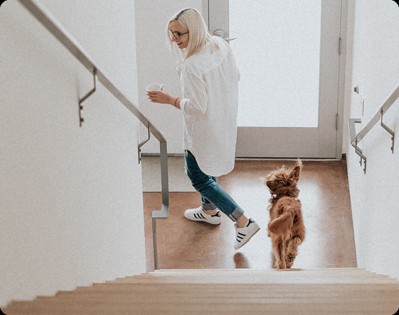 Gosia walking downstairs, followed by a cute dog