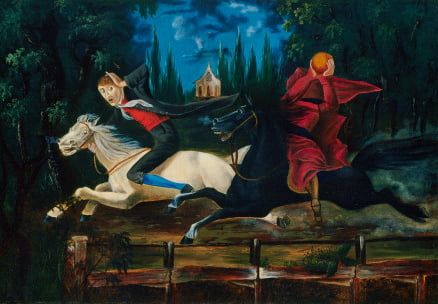 A headless rider in a flowing red cloak chases a frightened man on a white horse through a dark forest at night.