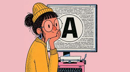 An illustration of a person in a yellow beanie and sweater resting their chin on their hand, in front of a screen displaying a large letter "A" over lines of text, with a pink typewriter below.