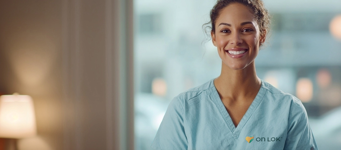 Nurse in light blue scrubs that say "On Lok" 