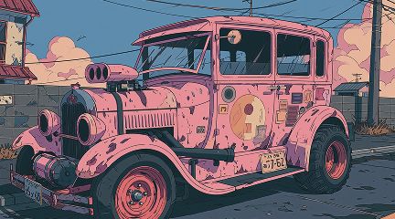An illustration of a weathered pink vintage car parked on a street, with cloudy skies, a building, and power lines in the background.