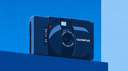 A vintage Olympus 35mm film camera shown against a blue background.