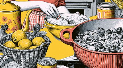 An illustration of a person cooking in a kitchen, mixing food in a yellow bowl beside a large red bowl of pasta, a basket of lemons, canned goods, and a floral kettle, against a bright yellow background.