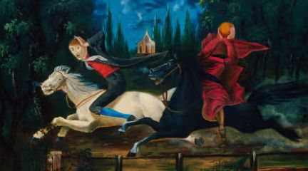 A headless rider in a flowing red cloak chases a frightened man on a white horse through a dark forest at night.