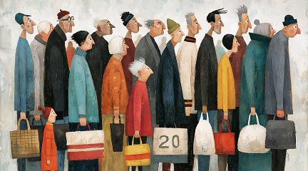 A painted illustration of a crowd of people of various ages standing in profile, bundled in coats and hats and holding bags