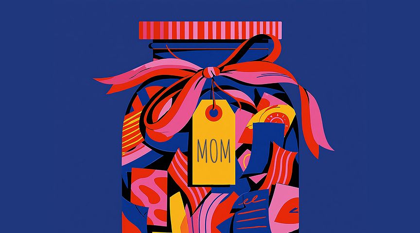 A colorful illustrated jar filled with abstract shapes, tied with a pink and red bow and a yellow gift tag reading "MOM," against a deep blue background.