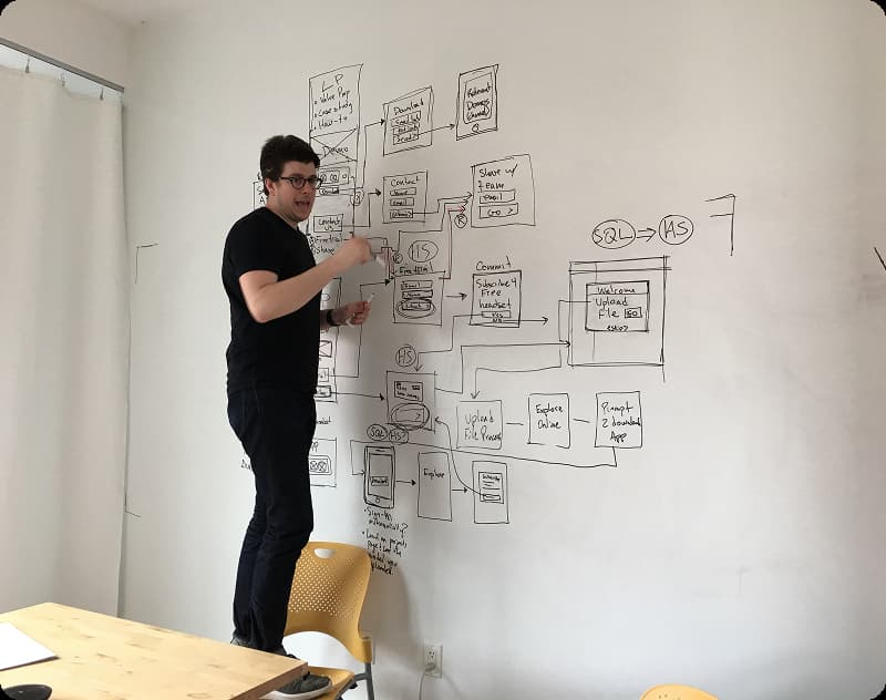 Saul standing on a chair, writing on a whiteboard